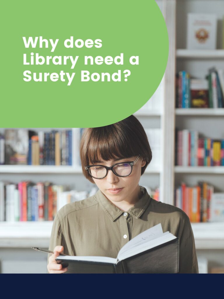 Why does library need a surety bond? - A woman in a library reading a book.